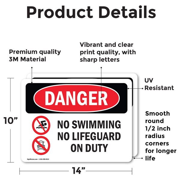 No Swimming No Lifeguard On Duty, 14 In W X Rectangle, Vinyl Decal